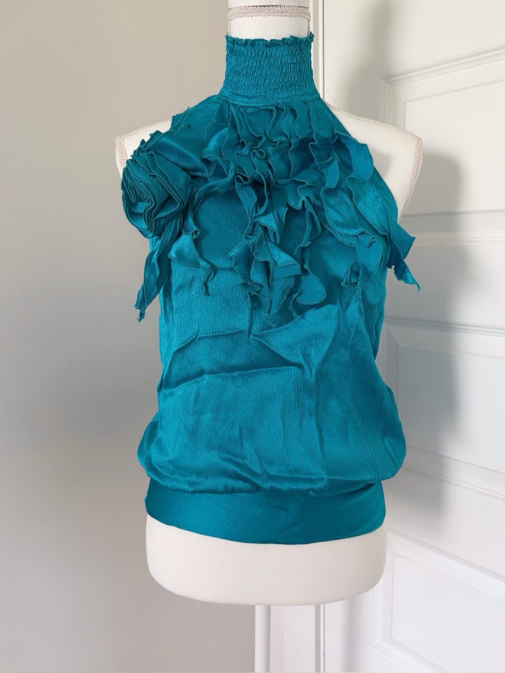 Bebe Vintage 100% Silk Ruffle Halter Top
